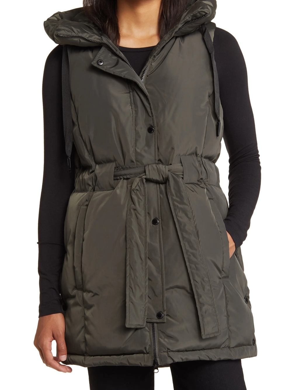 Sam Edelman Belted Hooded Puffer Vest in Black